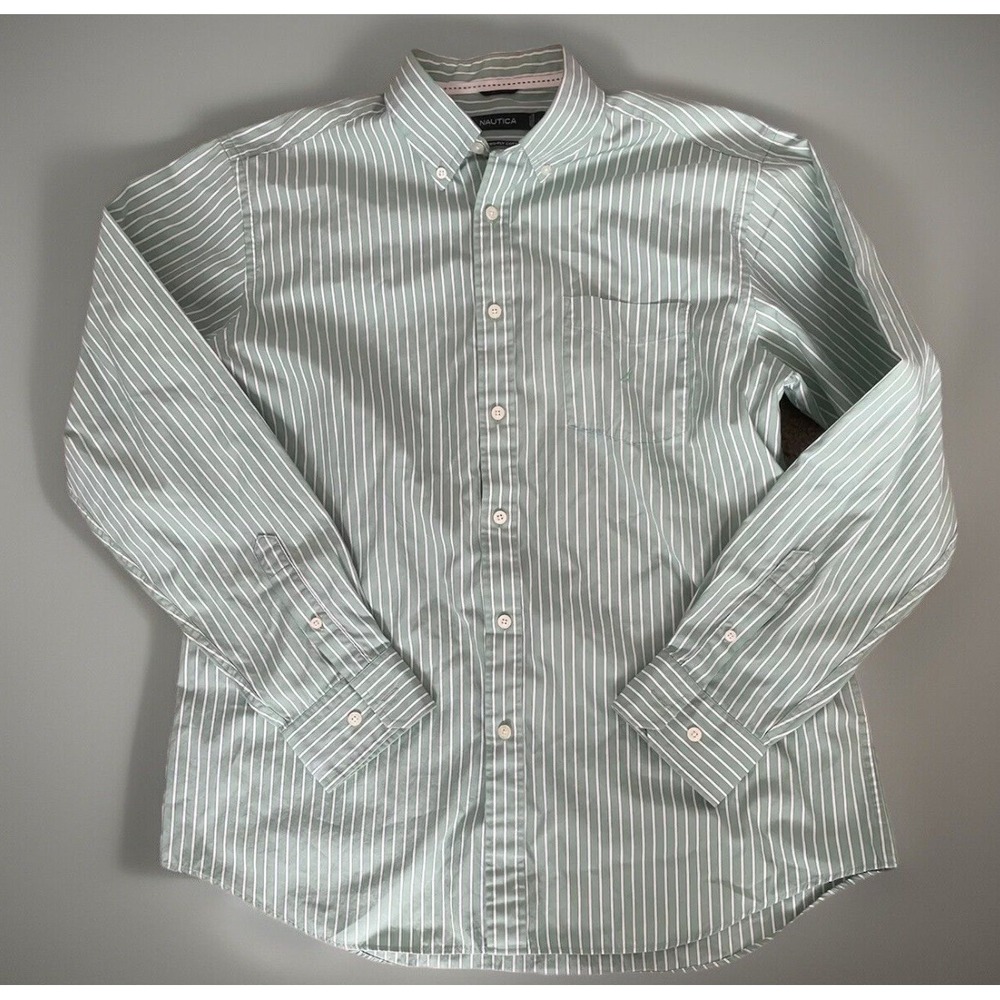 Nautica Long Sleeve Button Down Shirt Men's Green White Striped Logo Large JBHS